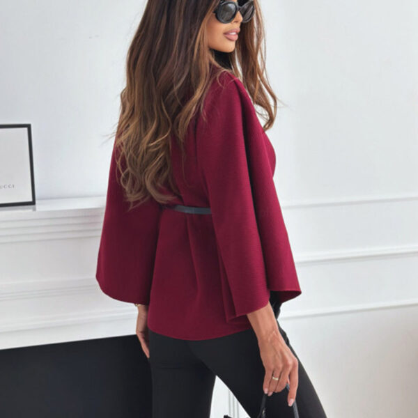 Women's Stand Collar Batwing Cloak – Belted Woolen Jacket Sweater - Image 4